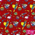 62711 TEJIDO ESTAMPADO EURO HEROES (01) 1.50 M. ALGODON 100% ROJO Venta en piezas de 5.00 M