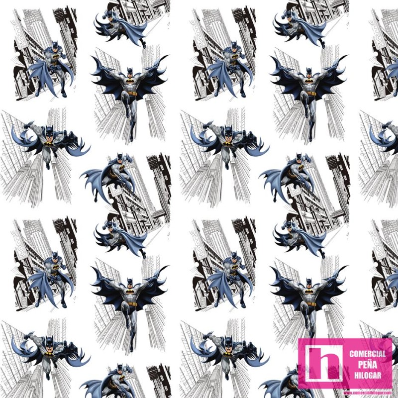 62732 TEJIDO ESTAMPADO BATMAN STREET (05) 1.50 M. ALGODON 100%. 180 HILOS. BLANCO Venta en piezas de 10.00 M