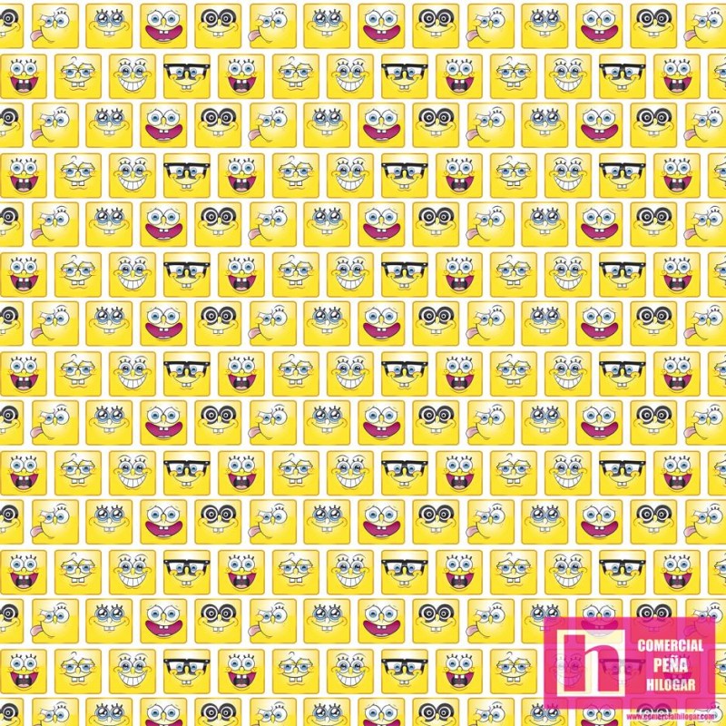 62759 TEJIDO ESTAMPADO BOB ESPONJA CARAS (02) 1.50 M. ALGODON 100%. 180 HILOS. AMARILLO Venta en piezas de 10.00 M