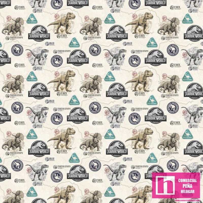 62762 TEJIDO ESTAMPADO JURASSIC WORLD DINO (03) 1.50 M. ALGODON 100%. 180 HILOS. BEIG Venta en piezas de 10.00 M
