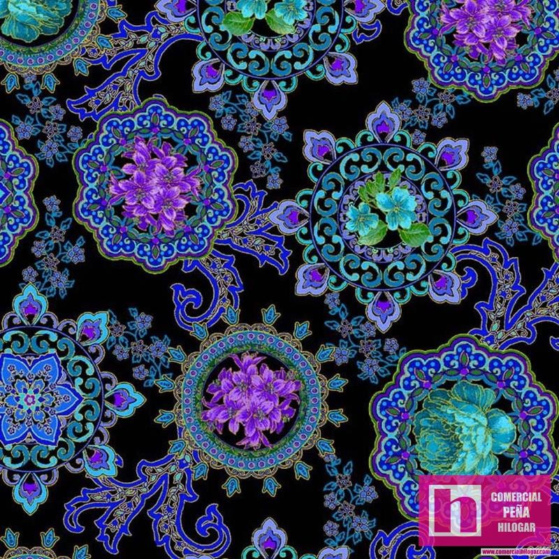 64596 PATCH.AMERICANO OPULENT FLORAL (03) 110 CM. ALGODON 100% NEGRO/AZUL Venta en piezas de 6.80 M