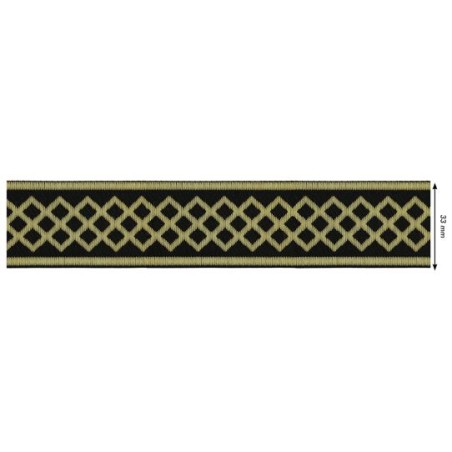 655379-100 CINTA JACQUARD RAYAN 33 MM. POLIESTER 100% NEGRO/DORADO Venta en piezas de 7.00 M