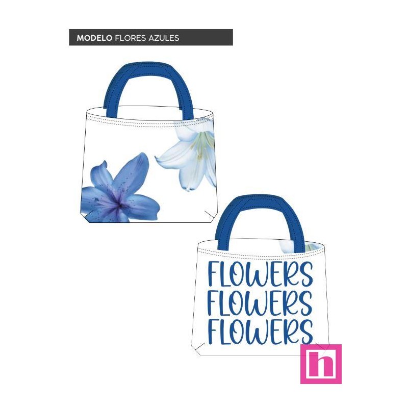 67440 TOTE BAGS FLORES AZULES - REVERSIBLE Y REPELENTE AL AGUA (20) 45X50 CMS. POLIESTER 100% BLANCO/AZUL Venta en piezas de 1.