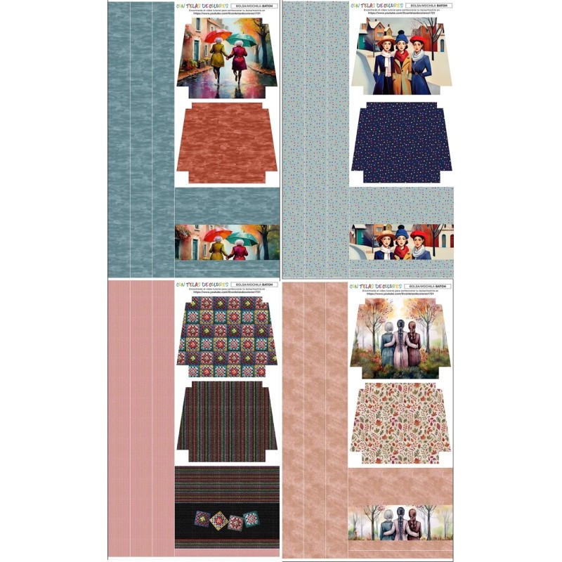 68013 PACK 4 PATRONES MOCHILA BATOH - PANEL 140X190 - HALF PANAMA ALGODON 100% LAMINADO Venta en piezas de 1.00 U
