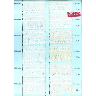 11018/36-000 BORDADO FRUNCIDO BATISTA MAWISS POLIESTER 60%-ALGODON 40% BLANCO Venta en piezas de 11.00 M