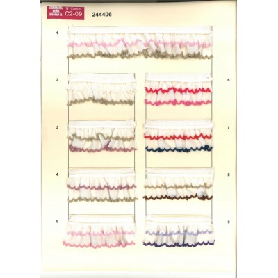 244406-5 VOLANTE FRUNCIDO DOBLE VIVO MECHA CRUZ 35 MM. POL. 60%-ALG.40% MARFIL/CHICLE/ROSA Venta en piezas de 25.00 M