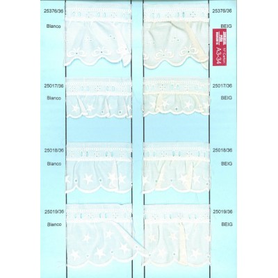 25017/36-000 BORDADO FRUNCIDO BATISTA ARLET POLIESTER 60%-ALGODON 40% BLANCO Venta en piezas de 11.00 M