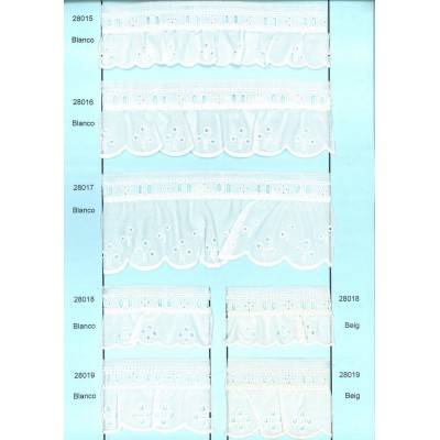 28018-000 BORDADO FRUNCIDO BATISTA LARIAT POLIESTER 60%-ALGODON 40% BLANCO Venta en piezas de 11.00 M