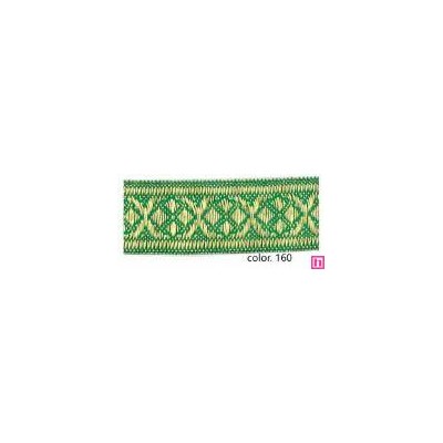 9635-15-160 CINTA JACQUARD 15 MM TAMIR  ACRILICO 40%-VISCOSA 40%-POL.20% VERDE/DORADO Venta en piezas de 12.50 M