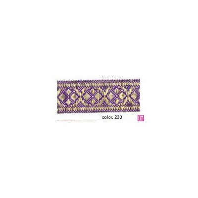 9635-35-230 CINTA JACQUARD 35 MM TAMIR  ACRILICO 40%-VISCOSA 40%-POL.20% MORADO/DORADO Venta en piezas de 12.50 M