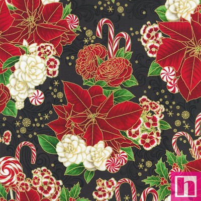 P135-SRKM-22945-2 PATCH. AMERICANO HOLIDAY FLOURISH PEPPERMINT TWIST (15) 110 CM. ALGODON 100% NEGRO/ROJO/DORADO Venta en piezas