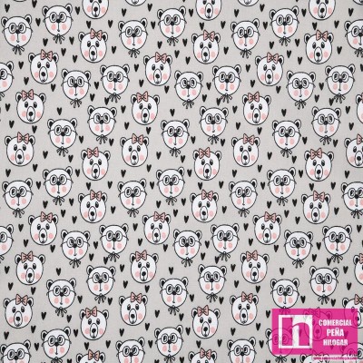 64443 TEJIDO ESTAMPADO ANIMALS ADORABLES (03) 1.40 M. 130 GR/M2. ALGODON 100% GRIS Venta en piezas de 6.00 M